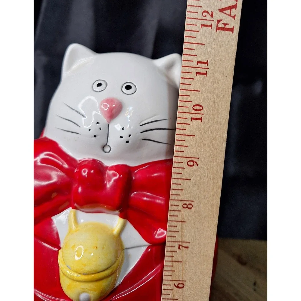 MCE EDI Sausalito White Cat Red Ribbon Bell Ceramic Cookie Jar Vintage 1980s